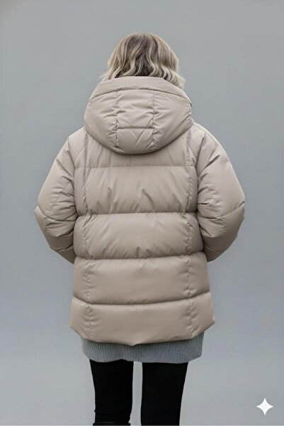 Afri Women's Beige Hooded Puffer Jacket – Oversized Winter Thick Coat – Cold-Proof Puffer Jacket