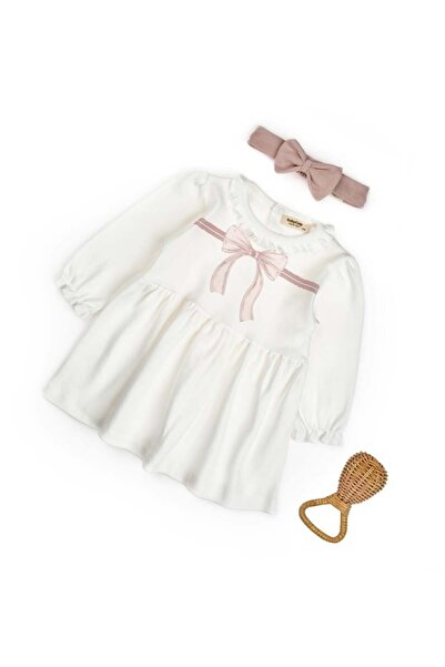 BabyCosy Organic Wear Set rochie cu bentiță, fundă, BabyCosy, 100% bumbac, pudră