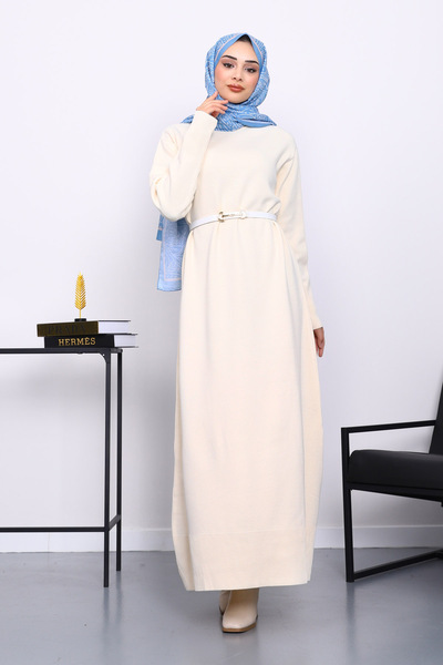 İmajButik Κρεμ πλεκτό φόρεμα με λαιμόκοψη