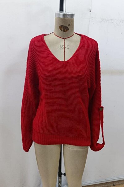 Mossta V-Neck Buttoned Knit Blouse - Red
