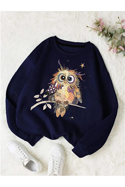 PALPİTO Bufniță de culoare bleumarin pentru femei cu imprimeu guler rotund su...