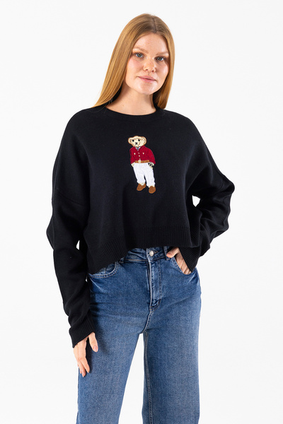 GİYSA Women's Crew Neck Costume Teddy Bear Embroidered Knit Sweater Black - 2344