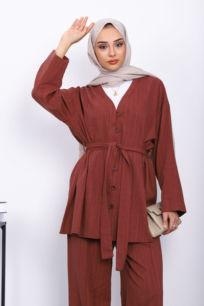 İmajButik Burgundy Belted Linen Kimono Pants Set