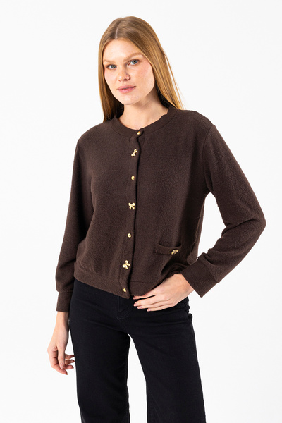 GİYSA Women's Crew Neck Buttoned Soft Textured Cardigan Brown - 2686