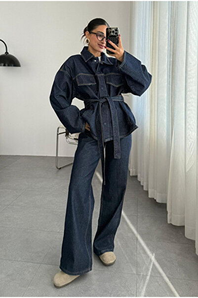 SHILSEE BEUTİQUE Women's Tie-Up Detail Shirt and Pants Denim Set Navy Blue