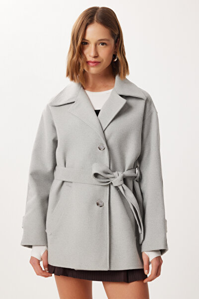 Lovelyİstanbul Double-Breasted Collar Belted Cashmere Coat Ldp0086 Gray