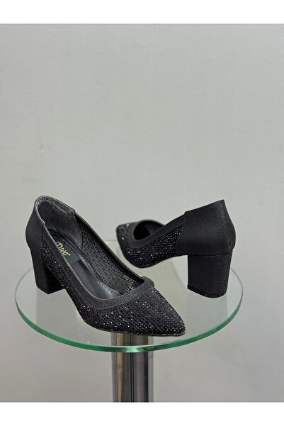 DİVA Μαύρα γυναικεία βραδινά παπούτσια με τακούνι και στρας