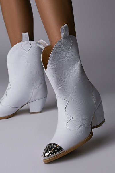 Vanilla Days White Bison Leather Ankle Boots with Silver Accents - 5cm Block Heel