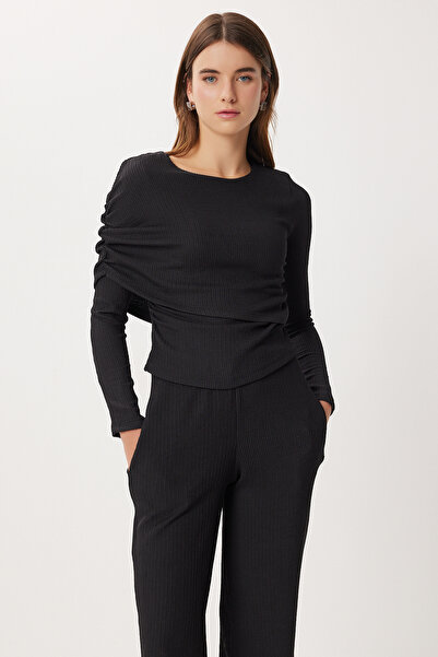 Lovelyİstanbul Drawstring Textured Knitted Top and Bottom Set Lfw0018 Black