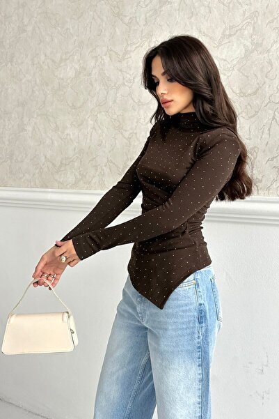 AKD Atelier Women Blouse Corded Fabric Long Sleeve Turtleneck Stone Detailed Draped Asymmetric Blouse