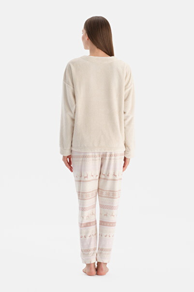 Dagi Ecru Geyikli Printed T-Shirt Pants Pajama Set
