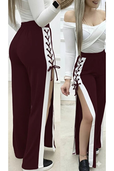 Butik Women's High Waist Side Cross Lace-Up Slit Viscose Two Thread Pants