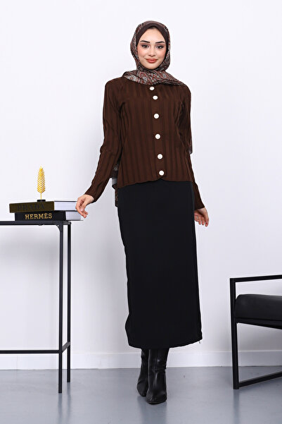 İmajButik Brown Cold Yarn Buttoned Cardigan