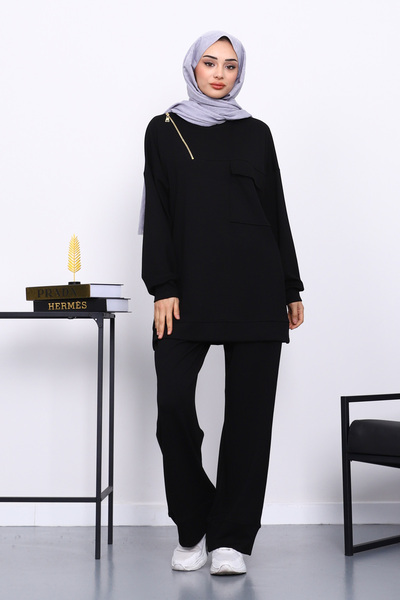 İmajButik Black Single Pocket Tunic with Trousers Modal Suit