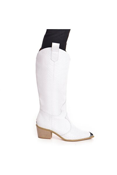 Vanilla Days White Croco Leather Raven Boots with 5cm Block Heel