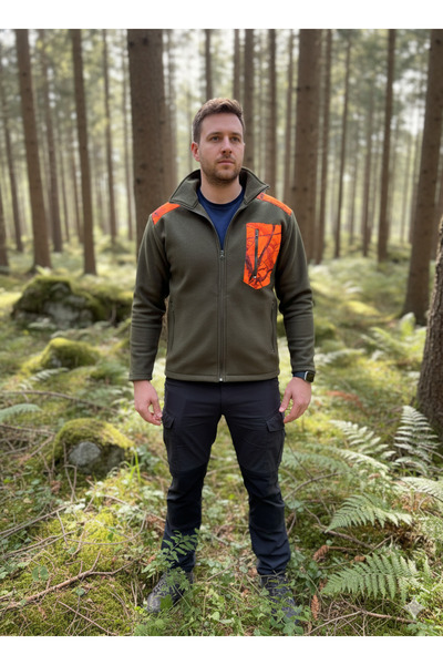 FazAv جاكيت صوف كاكي بنمط الغابة للصيد مطبوع ياقة مرتفعة متوسطة الطول بنمط التمويه البرتقالي