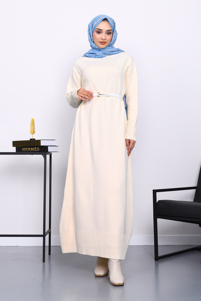 İmajButik Κρεμ πλεκτό φόρεμα με λαιμόκοψη