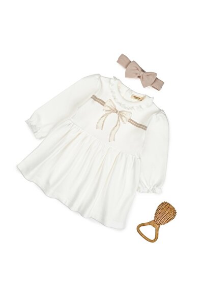 BabyCosy Organic Wear Set rochie cu bentiță, fundă, BabyCosy, 100% bumbac, piatră