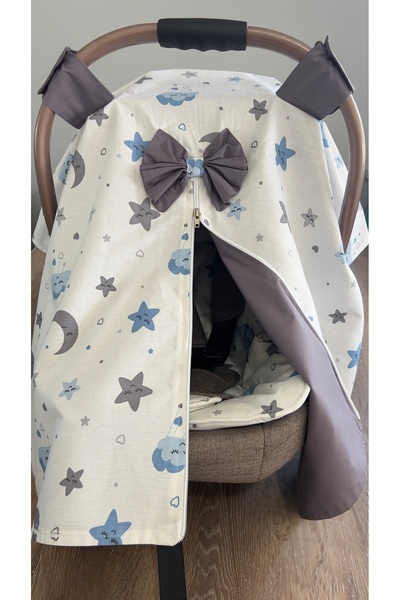 Ponchik % 100 🌙 Poplin Fermuarlı Puset Örtüsü ve Minder Seti