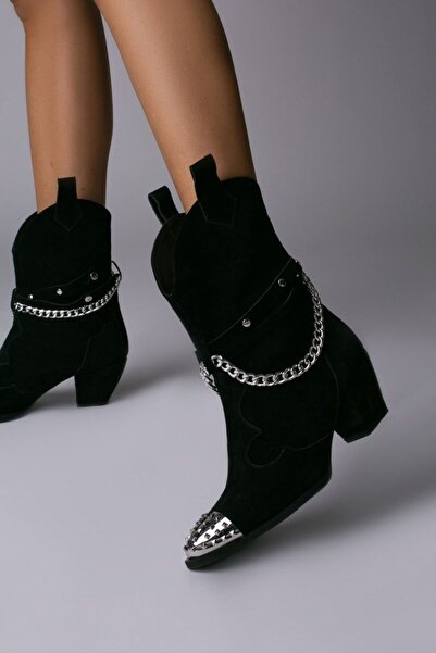 Vanilla Days Ghete Caron negre din piele întoarsă cu toc gros