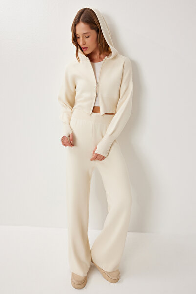 Lovelyİstanbul Fermuarlı Hırka Pantolon Triko Takım LCI0050 KEMİK