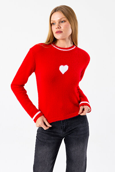 GİYSA Women's Crew Neck Heart Detailed Knitwear Sweater Red - 2358