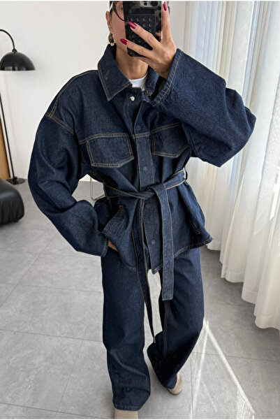 SHILSEE BEUTİQUE Women's Tie-Up Detail Shirt and Pants Denim Set Navy Blue