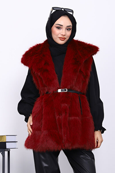 İmajButik Burgundy Lined Belted Fur Vest