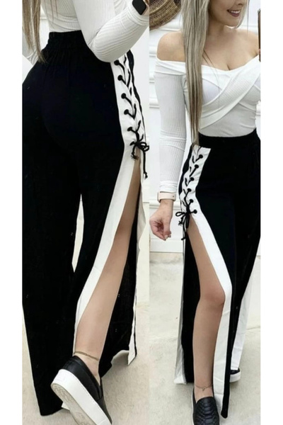 babatr.com Women's High Waist Side Cross Lace-Up Slit Viscose Two Thread Pants