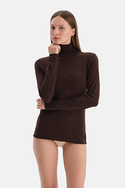 Dagi Dark Brown Lurex Modal Cashmere High Neck Long Sleeve Top