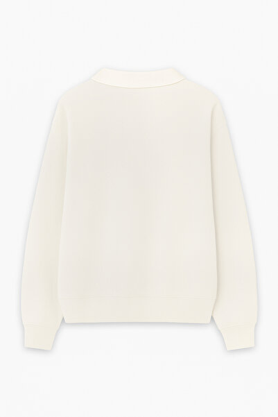Amia&Co. Ecru Shirt Collar Fleece-Lined Oversized Sweatshirt