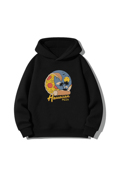 MODA Hanorac negru pentru adulți Pizza cu imprimeu cu glugă Swea tricou
