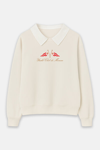 Amia&Co. Ecru Shirt Collar Fleece-Lined Oversized Sweatshirt