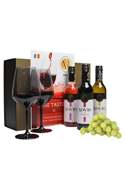 VIVOBOX Set cadou premium cu 3 vinuri (alb, rosé, roșu) și 2 pahare de degust...