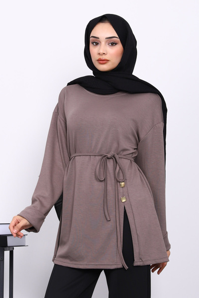 İmajButik Dark Mink Button Detailed Modal Sweatshirt