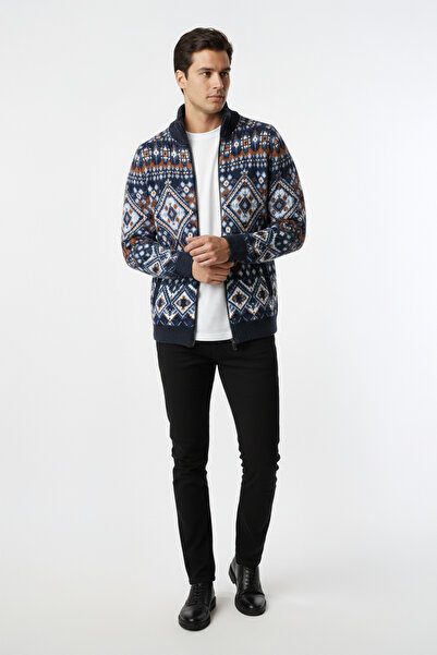 Pulltonic Erkek Fermuarlı Etnik Desenli Hırka | %68 Kuzu Yünü