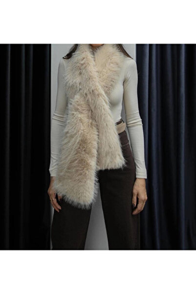 Khloe Faux Fur Scarf with Detailed Stitching, Beige