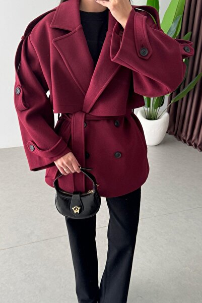 solena sln Women's New Season Premium Quality Trend Belted Short Cashmere Coat