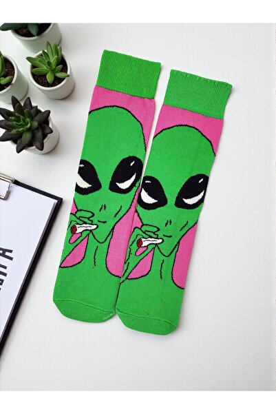 GSocks Yeşil Cool Uzaylı Desenli Renkli Çorap