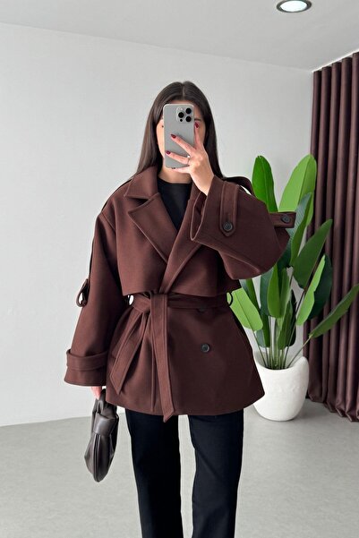 solena sln Women's New Season Premium Quality Trend Belted Short Cashmere Coat