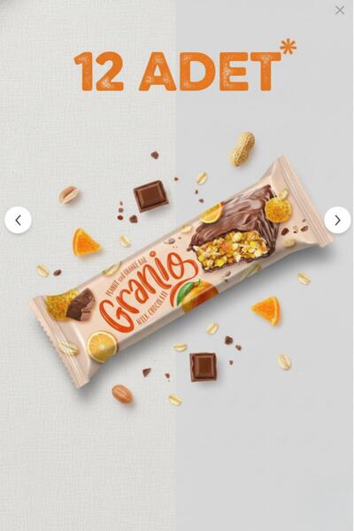 GRANIO Sütlü Çikolata Kaplamalı Portakallı Meyveli Bar 40 gr X 12 Adet