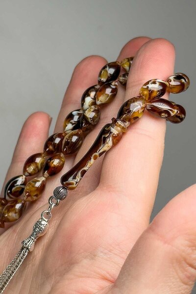 TESBİHKENTİ Double Tassel Marbled Brown Powder Amber Prayer Beads