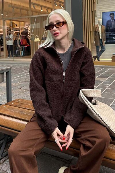 Madmext Brown Zippered Hooded Fleece Women's Jacket Mg2569