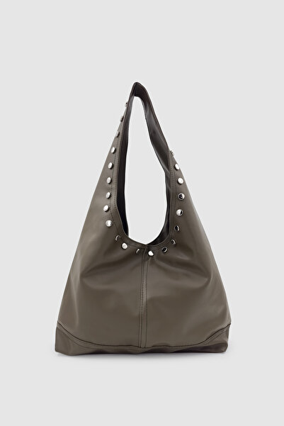 Wuclo Stula Büyük Hacimli Mıknatıslı Zımba Detaylı Hobo Omuz Çantası Haki