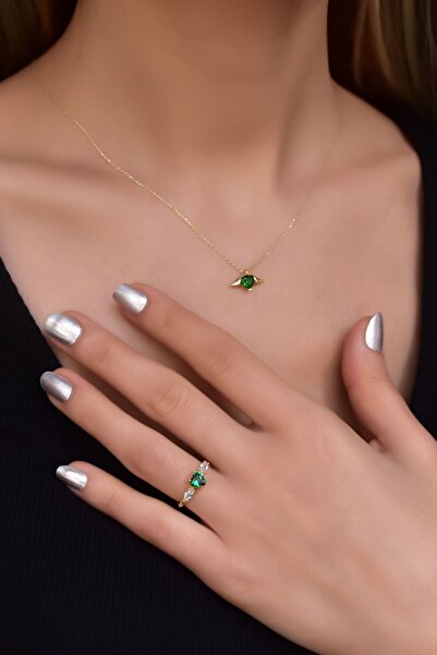 Flamingo 925 Ayar Gümüş Gold Kaplama Yeşim Renkli Kalp Kanat Kolye Ve Ayarlan...