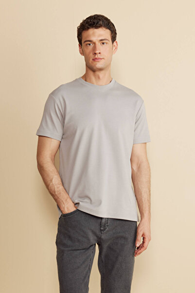 BROOKS BROTHERS Erkek Gri %100 Pamuk Bisiklet Yaka Kolu Patch Logolu Tişört