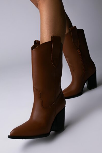 Vanilla Days Ghete western Nomad cu toc înalt, piele netedă, maro, toc de 8 cm