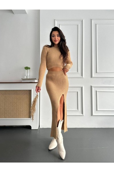 M&G PREMIUM BOUTIQUE Set de fuste din tricot bej – talie înaltă cu fantă Fust...