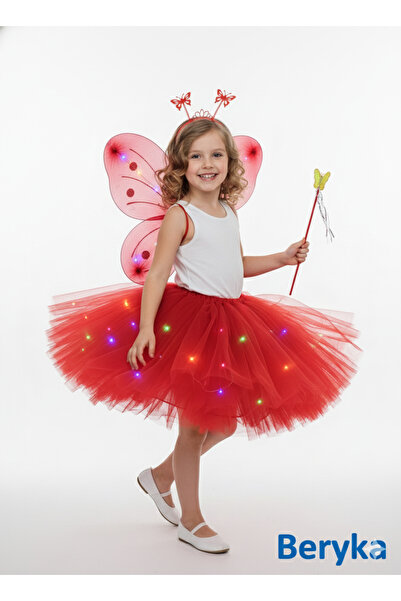 Beryka LED Işıklı Kelebek Kanat Peri Kostüm Seti | Kız Çocuk 2-10 yaş | Astarlı Kabarık Tütü Etek