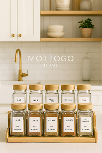Mottogo 10-Piece Glass Spice Set with Bamboo Lids – 120 ml | With Ladder Stand
